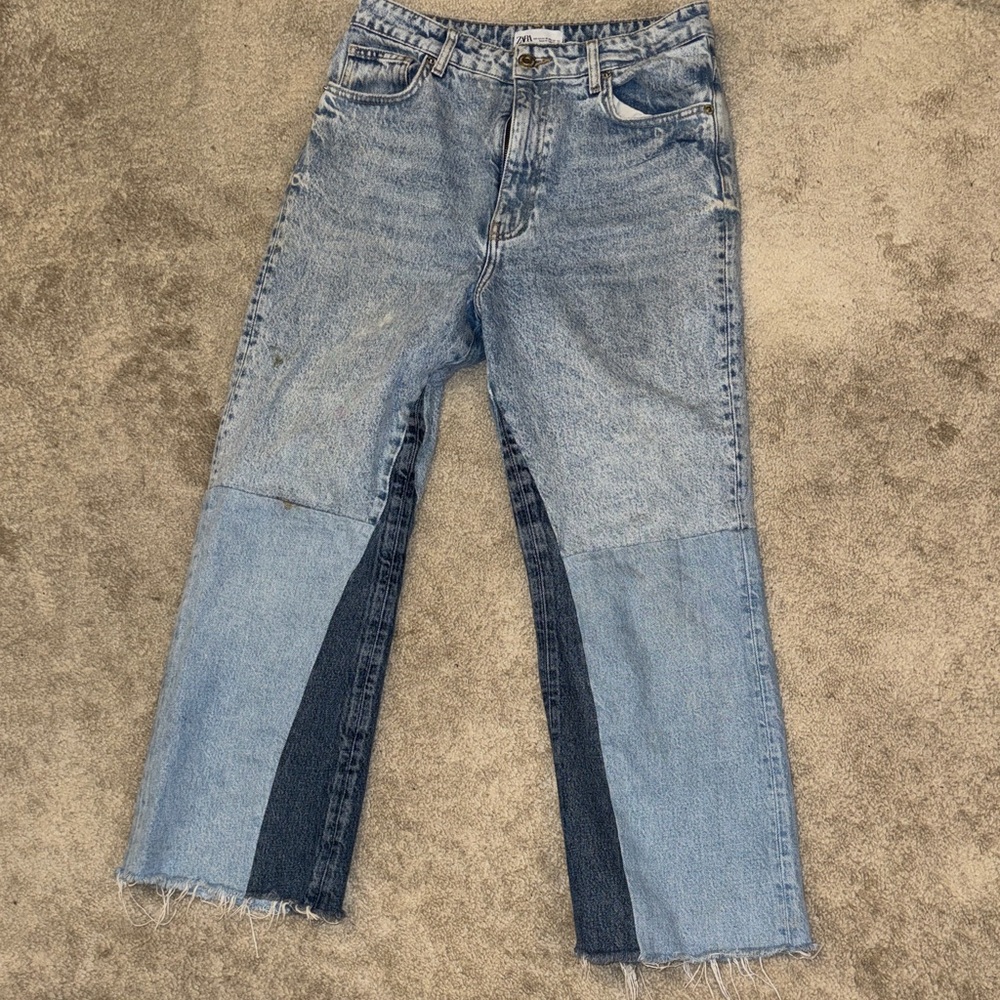 Zara Blue Patchwork Straight Leg Jeans